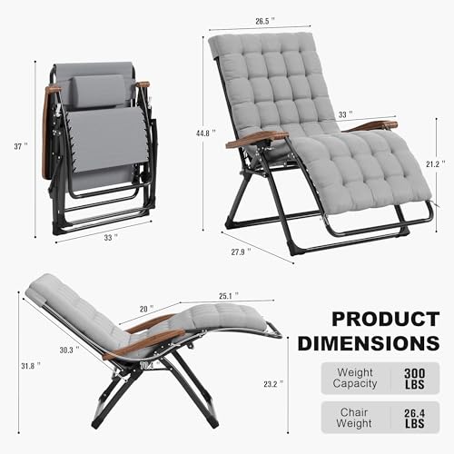 PURPLE LEAF Extra Wide Outdoor Reclining Chair Patio Zero Gravity Chaise Lounge Folding Chair with Removable Cushion Adjustable Headrest for Lawn Camping Beach Pool Grey - color: Grey - 1 Chair, size: Extra Wide – Thick Cushion