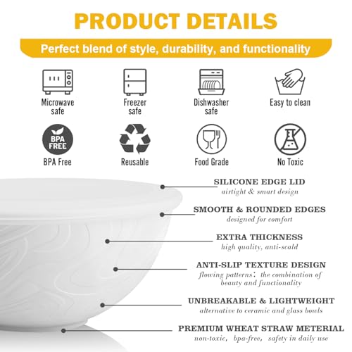 Wheat Straw Bowls Set 40 OZ, Unbreakable Bowls with Dust-Proof Lids Set of 4, Microwave & Dishwasher Safe, Alternative Reusable Plastic Bowl for Cereal, Soup, Salad and Ramen, White - color: White, size: 40 Oz With Lid