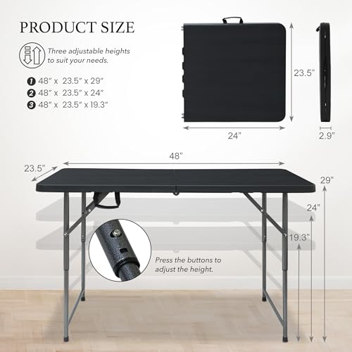 AJP Distributors 4 Foot Portable Plastic Folding Table 4FT 48" Half Foldable Heavy Duty Top w/Carry Handle - Indoor Outdoor Backyard Camping Picnic BBQ Party Wedding Dining Office Event Meeting Black - color: Black, size: 4 Foot