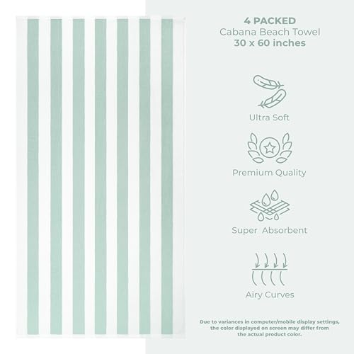 American Soft Linen Cabana Striped Beach Towels, 30x60 inch 4 Piece Oversize Pool Towels, Quick Drying Sand Free Swim Towels, Mint Green - color: Mint