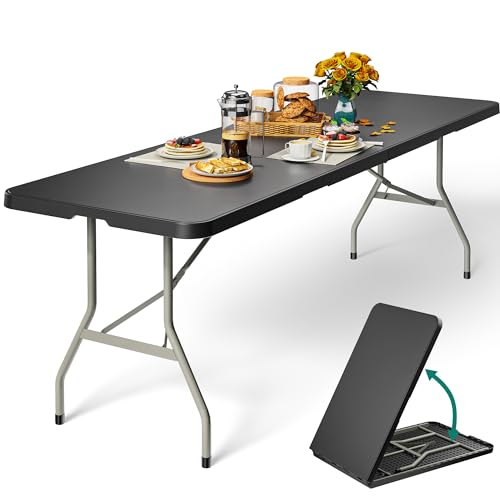 YITAHOME 8FT Folding Tables, Heavy Duty Folding Table with Carrying Handle, Plastic Fold up Table for Outdoor Camping Picnic Parties/Indoor Events, Black - color: Black
