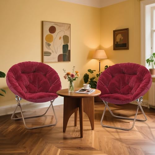MoNiBloom Round Folding Faux Fur Saucer Chair for Bedroom Living Room Dorm Foldable Metal Frame Oversized Large Comfy Furry Padded Soft Lounge Lazy Cozy Moon Chair for Adults (Burgundy, 2 Pieces) - color: Burgundy