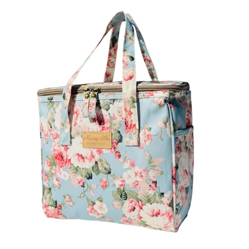 Kwang Min Floral Insulated Lunch Bag for Women,Reusable Lunch Box,Large Cooler for Office,Picnic Outdoors,Premium Waterproof Fabric,Unique Floral Lunch bag (Peony Blue) - color: Peony Blue