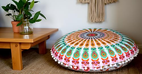 CRAFT KALA 22 Inch Meditation Floor Pillow Cover Round Pillow Seating Hippie Decorative Adults Bohemian Mandala Cushion Cover Outdoor Living Room Throw Ottoman Poufs Cover 22", Musturd Mirchi - color: Musturd Mirchi, size: 22"