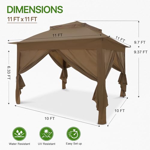 COOS BAY 11x11 Pop Up Gazebo with 4 Sidewalls, Instant Outdoor Canopy Tent with UPF 50+ UV Protection, Water Resistant Shelter with Carry Bag, Stakes & Ropes, Brown - color: Brown