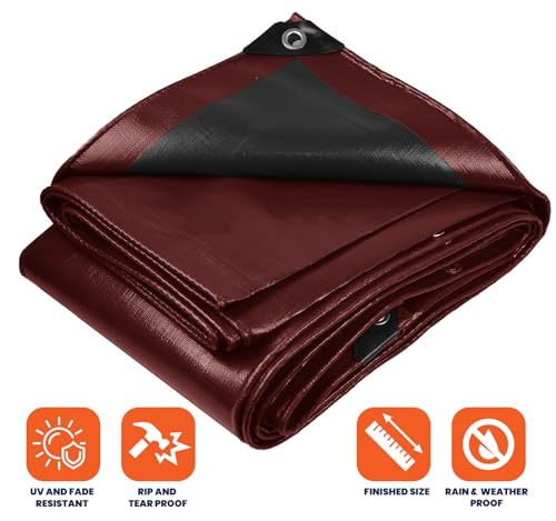 Extra Heavy Duty 14 Mil Tarp Cover, Waterproof, UV Resistant, Rip and Tear Proof, Poly Tarpaulin with Reinforced Edges for Roof, Camping, Patio, Pool, Boat (Maroon/Black 6′ X 8′) - color: Maroon/Black, size: 6′ X 8′