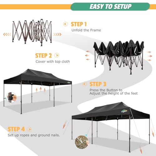 COBIZI 10x20 Pop Up Canopy Heavy Duty Without Sidewalls, Commercial Heavy Duty Pop Up Tent for Parties All Weather Waterproof and UV 50+ Wedding Tent with Roller Bag(Legs Upgraded),Black - color: Night Black, size: 10x20FT