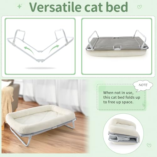 Sunhoo Elevated Cat Bed Foldable Raised Pet Hammock Self-Supporting Puppy Lounger with Off Floor Metal Frame Washable Cover for Small Dog Kitten Indoor Use 25.2x15.75x7.48 in (White) - color: White