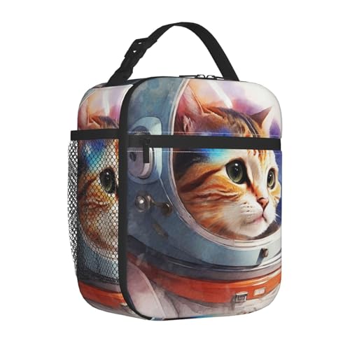 Cute Astronaut Cat Space Cool Insulated Lunch Bag Portable Reusable Zipper Lunch Box For Men Women Work Picnic Travel Camping - color: Black26