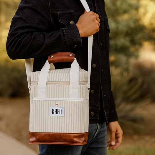 Khen 2 Bottle Wine Bag Carrier Tote - Leakproof & Insulated Padded, Leather Versatile Cooler Bag - Travel, Picnic, BYOB Restaurant, Party, Dinner, Gifts for Lovers, Portable Case, Gift for Men Women