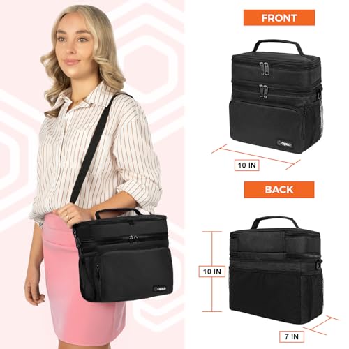 opux Insulated 2 Deck Lunch Bag for Men Women, Large Dual Compartment Cooler Bag for Work School Picnic, Leakproof with Strap for Kid Adult (Black) - color: Black, size: Double Deck