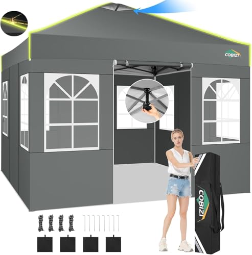 COBIZI 10x10 Pop Up Canopy Tent, Outdoor Party Tent with 4 Sidewall One Push Setup Glow, 3 Adjustable Height Air Vent Waterproof UPF50+, Bag, 4 Sandbag, 8 Stake, 4 Rope for Beach, Commercial - color: Gray, size: 10x10 with 4 Sidewalls