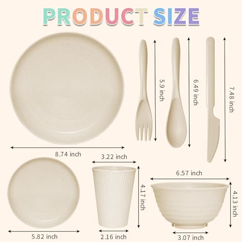 SHECIPIN 42-Piece Wheat Straw Dinnerware Set, Large Round Plates, Bowls and Cups, Unbreakable dish set, Dishwasher and Microwave Safe, Outdoor Dishes (Beige) - color: Beige