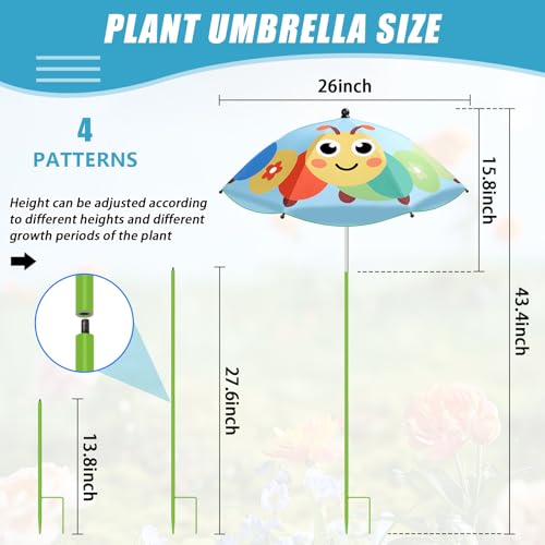 Axcoix 4 Pack Upgraded Plant Umbrellas for Outdoor Plants, 26" Larger Garden Plant Umbrella Shade with Adjustable Angle, 43.4" Higher Sun Shade with Animal Prints for Plants, Potted Plant, Garden Beds - color: 4 Pack-1Red 1Yellow 1Blue 1Green