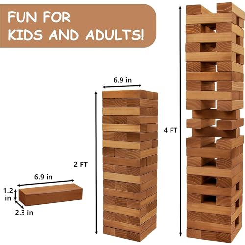 Juegoal 54 Piece Giant Tumble Tower Brown for Adult Kids Family, Wooden Block Stacking Game with Gameboard & Canvas Bag, Outdoor Games for Backyard Lawn Party Playing, 6.9 x 6.9 x 24 Inches,X-Large - color: Brown, size: X-Large