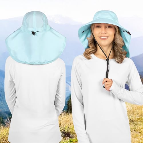 SUN CUBE Wide Brim Sun Hat with Neck Flap, UPF50+ Hiking Safari Fishing Hat for Men Women, Sun Protection Beach Hat - color: Light Blue