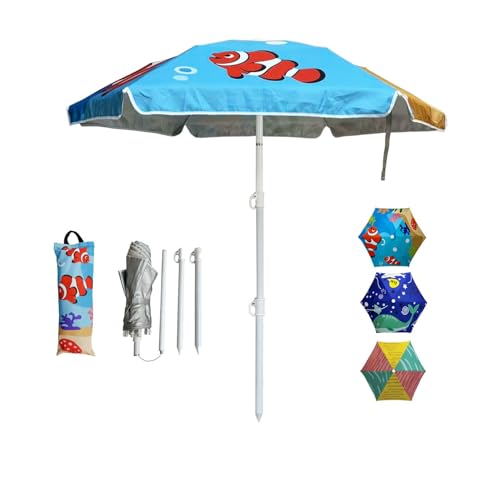 LOTTAFUN Water Table Umbrella Kid 5ft Beach Umbrella - Heavy Duty Wind Resistant UV 50+ Portable Sun Shade with Sand Anchor & Carry Bag, Outdoor Folding Umbrella for Beach,Pool,Patio,Garden (Fish) - color: Clownfish