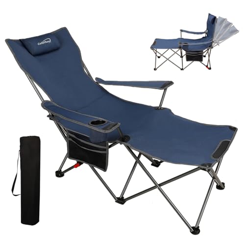 Colorsoul Reclining Camping Chair w/Foot Rest, Adjustable 90°- 135° Lounge Beach Chair for Adults, Heavy Duty Outdoor Folding Chairs w/Padded Pillow, Cup Holder, for Patio Beach, Supports 350lbs,Blue