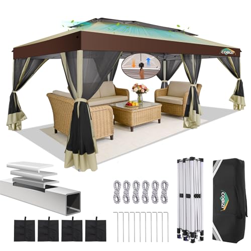 COBIZI 10x20 Pop up Gazebo, One-Push Setup Canopy Tent with Mosquito Netting & Vented Roof Design, Upgrade Metal Easy up Canopy Carpa Outdoor Gazebos for Backyard Camping Deck Party(Khaki & Brown) - color: Khaki & Brown, size: 10x20 FT Upgraded