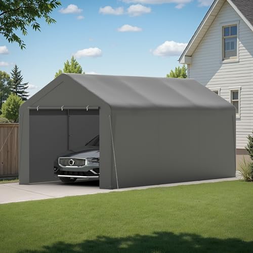 Carport, 10‘ x 20’ Heavy Duty Portable Garage All-Season Car Canopy w/Removable Sidewall & Doors, Carport Canopy Party Tent w/Water-Resistant Tarp for Backyard (Grey, 10‘ x 20’) - color: Gray, size: 10' x 20' /with side