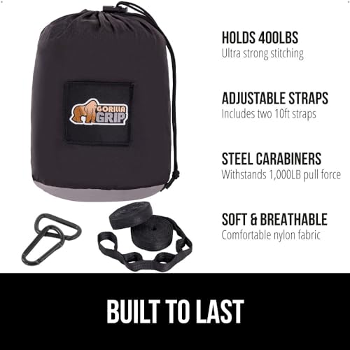 GORILLA GRIP Durable Camping Hammock with Heavy Duty Tree Straps, Portable Hammocks for Outside, Easy to Use Travel Swing Chair, Outdoor Camper Hiker Essentials, Backpacking Gear Gifts, Single, Black - color: Black/Grey, size: Single (9' x 4.5')