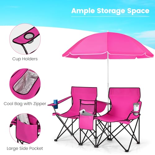 COSTWAY Double Portable Picnic Chairs, Folding Camping Chairs w/Detachable Umbrella, Cooler Bag, Cup Holders, Patio Beach Camping Chairs for Outdoors, Pink - color: Pink