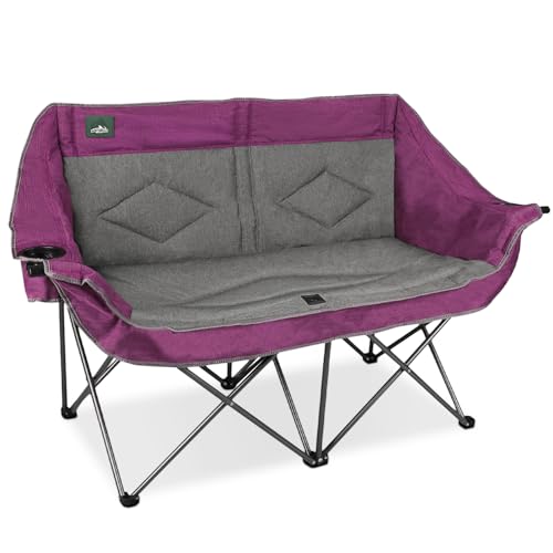Northroad Folding Loveseat Camping Chair Portable Double Duo Full Padded Garden Chair for 2 Person Sofa w/ 2 Cup Holder,Wine Glass Holder,Mesh Storage,Support 500lbs for Picnic Beach Travel (Purple) - color: Purple&grey