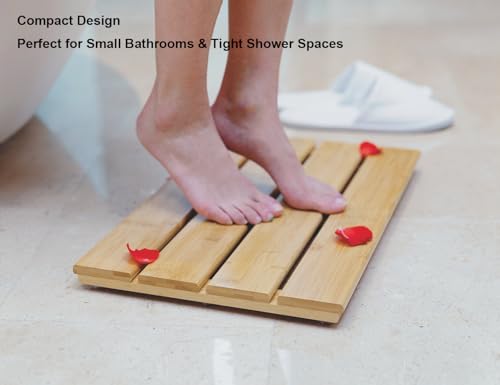 Small Bamboo Bath Mat – Mini Wooden Shower Floor Mat for Compact Bathroom, RV or Tight Spaces, Non-Slip, Quick Dry, Easy to Clean, Indoor Outdoor Use, 15.8" x 10.2" by PELYN - size: 15.8" x 10.2" (Rectangular)