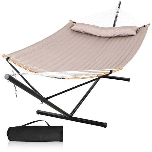 Double Hammock with 12 FT Stand, 2 Person Curved Bar Hammock with Stand, Pillow and Portable Carrying Bag, Heavy Duty 450lbs Capacity, Tan - color: Tan