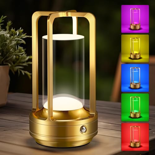 Portable Table Lamp for Outdoor Indoor: Cordless Rechargeable Desk Lamp with 10 Colors - Shower Lamp with Stepless Dimmable - Metal Battery Operated Lantern Light for Bedroom/Bar/Coffee Shop/Camping - color: Gold+RGB