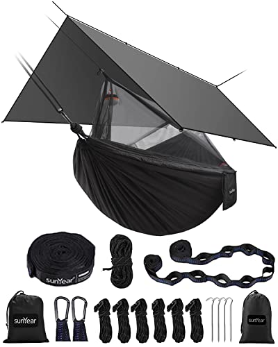 Sunyear Hammock Camping with Rain Fly Tarp and Net, Portable Camping Hammock Double Tree Hammock Outdoor Indoor Backpacking Travel & Survival, 2 Tree Straps,100% Waterproof - color: Black Bundle, size: 55"W*106"L