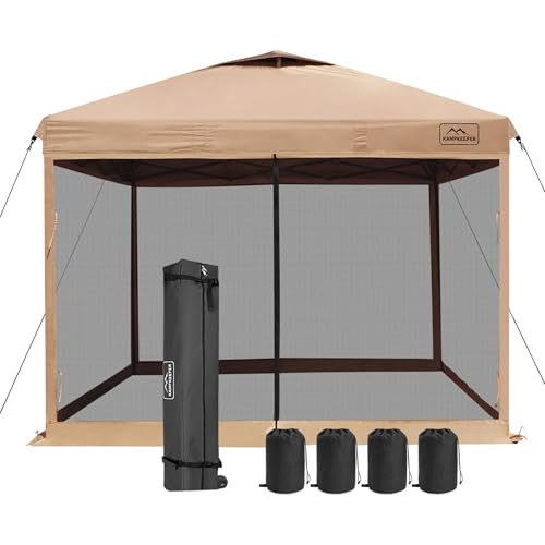 KAMPKEEPER 10x10 Pop-Up Canopy Tent, Waterproof Portable Shade with Screen Walls, Adjustable Instant Outdoor Shelter for Camping, Backyard, and Events, Khaki - color: Khaki
