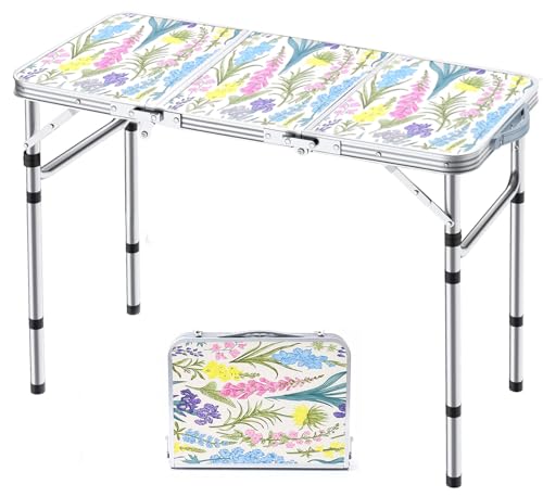 Yriuat Folding Camping Table 3ft Portable Pinic Table Adjustable Height Small Card Table Aluminum Foldable Lightweight with Carry Handle for Outdoor Indoor Hiking Camp BBQ Beach (Blooming Floral) - color: Blooming Floral, size: 35"l X 16"w X 27"h