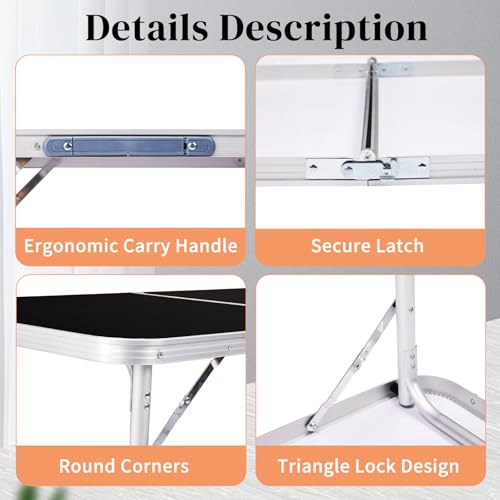 3.0 Ft Folding Portable Camping Table with Adjustable Height Legs, RV Dining Tables, Grill, DJ, BBQ, Dining, Picnic, Cooking, Beach, Garden, Black - color: Black, size: 3 FT