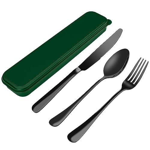 Portable Cutlery Set With Case - 18/8 Stainless Steel Spoon and Fork for Lunch Box, 3 PCs Silverware Ideal for Travel, Camping, Office - color: Black+Green - 3 PCs