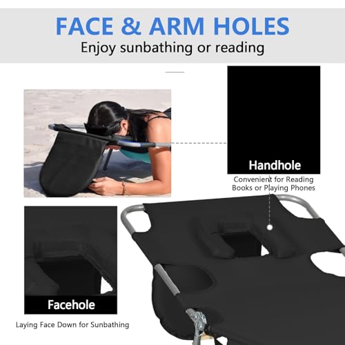 Majnesvon Folding Beach Lounge Chair with Face Hole and Arm Slots, 5-Level Adjustable Sun Lounger Tanning Chair with Pillow for Patio, Garden, Beach, Pool (Black) - color: Black