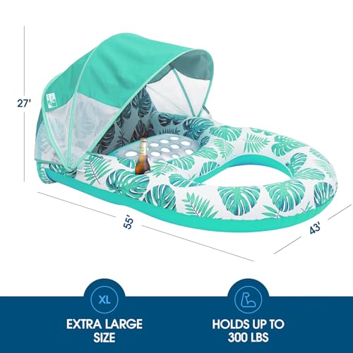 COOLCOOLDEE Pool Lounge Float with Canopy UPF50+,Extra Large Pool Floats for Adults Heavy Duty,Inflatable Lounger Float with Cup Holder & Backrest,Footrest - color: Green