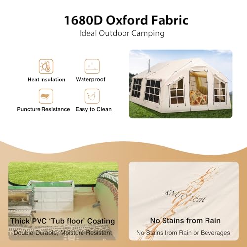 KNUO Inflatable Camping Tent, Large Blow-Up Air Tent, No Assembly Needed Luxury Glamping House, Oxford Fabric - color: Light Beige-Dual-layer Doors, size: 12x15ft