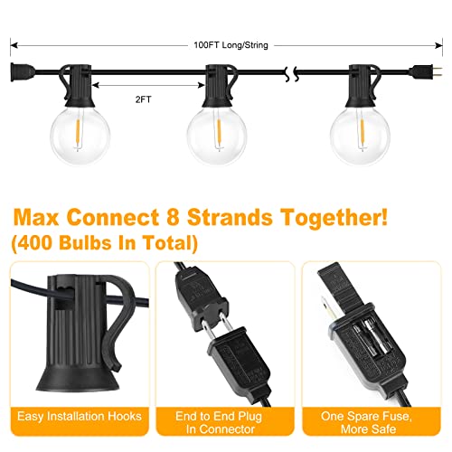 200ft(100*2) Outdoor G40 LED Globe String Lights Dimmable Waterproof Shatterproof Light Strings with 103 Bulbs Connectable Commercial Hanging Lights for Christmas Patio House Backyard Balcony Party - color: Black, size: 200FT-Warm White