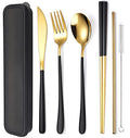 AARAINBOW 6 Pieces 18/8 Stainless Steel Flatware Set Portable Reusable Cutlery Set Travel Utensils Set Including Chopsticks Knife Fork Spoon Straws Cleaning Brush Dishwasher Safe (Black golden) - color: Black golden