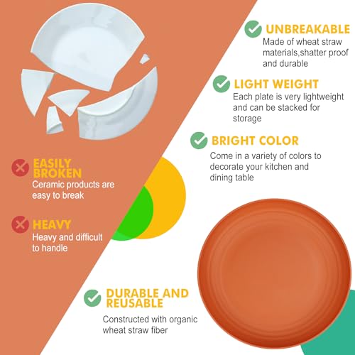 Homienly 10 inch Wheat Straw Dinner Plates Set of 8 - Alternative to Plastic, Microwave & Dishwasher Safe, Unbreakable Kids Plates with 4 Colors (Classic Bright) - color: Classic Bright, size: 10 Inch