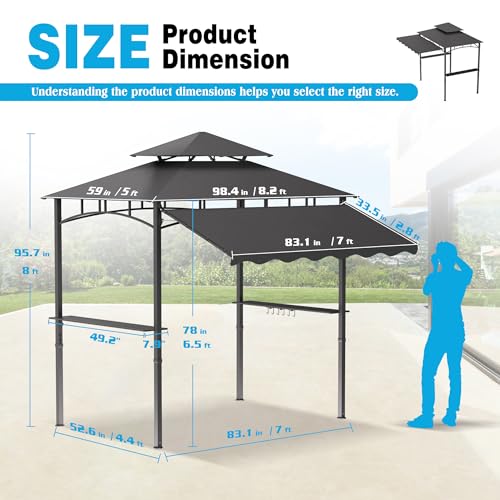 TITIMO 8'x 8' x 7.8' Double Tiered Grill Gazebo with Side Awning,Outdoor Patio BBQ Pergola, Heavy-Duty Metal Frame Canopy Tent with Side Shelves,Hooks,Bottle Opener for Lawn Deck and Garden (Gray) - color: Gray