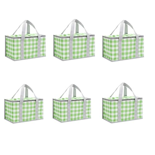 Set of 6 Foldable Insulated Picnic Bags, 14L Large Capacity Cooler Bag with Zippered Top, Reusable Thermal Beach Basket for Outdoor Travel Groceries (Green Checkered) - color: Green Checkered