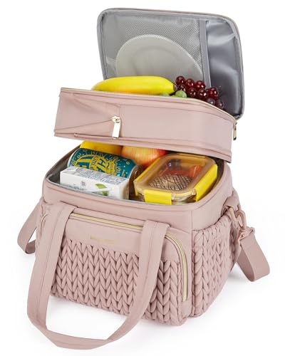 BAGSMART Insulated Lunch Box for Women, Double Deck Leakproof Cooler Bag with Expandable Design for Office Work & Outdoor Picnic - color: Dusky Pink