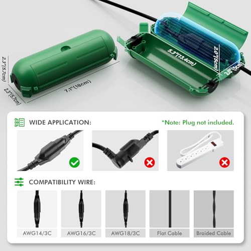 Restmo 2 Pack Mini IP44 Waterproof Outdoor Connection Box with Lockable Latches and Mounting Holes, Weatherproof Extension Cord Safety Cover for Outdoor Plugs, Lights, Cables, Wires, Size Small, Green - color: Green, size: 2 Pack