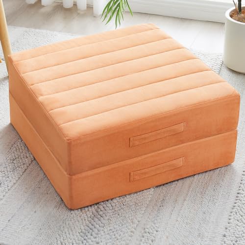 JKMAX 2 Pcs High Density Foam Floor Pillow - Upgraded Large Pillows Seating for Adults - Outdoor Floor Cushion with Soft Tufted Cover - Yoga Pillows for Sitting On Floor - 22 Inch Orange - color: Orange, size: 2 Counts