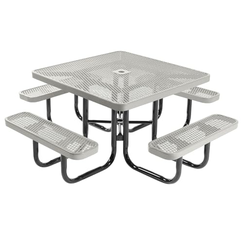 COATEDOUTDOORFURNITURE Heavy-Duty Portable Outdoor Picnic Table with Umbrella Hole, Expanded Metal Commercial-Grade Patio Dining Furniture Made in America (46" Square Top, Grey) - color: Grey, Expanded Metal, size: 46 In, Square, Expanded Steel
