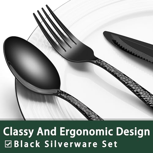 EWFEN 24-Piece Black Silverware Set with Steak Knives, Black Flatware Set for 4, Food-Grade Stainless Steel Tableware Cutlery Set, Mirror Finished Utensil Sets for Home Restaurant, Wave Hammered - style: Wave Hammered