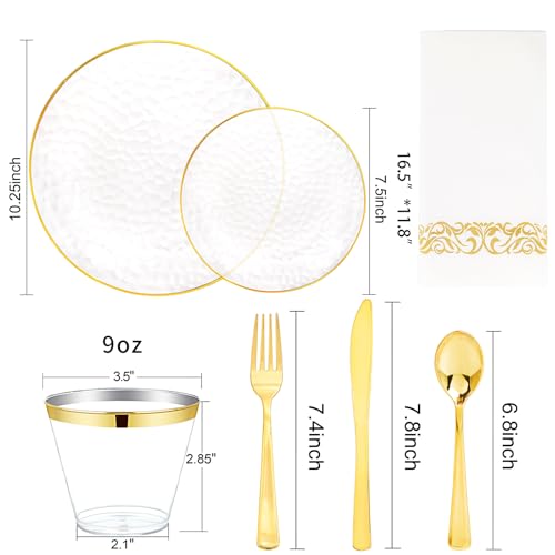 DaYammi 175PCS Clear Gold Plastic Dinnerware Set, Plastic Plates Disposable Hammered Disposable Plates for Party, Include: 25 Dinner Plates 25 Dessert Plates 75 Gold Silverware 25 Napkins 25 Cups - color: Clear, size: 175 Pcs