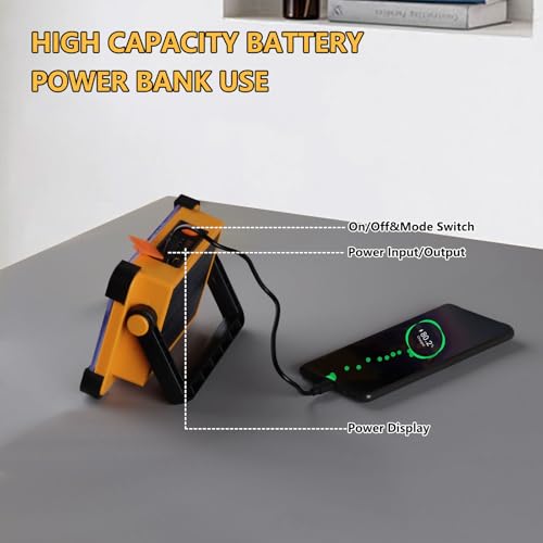 120W Solar Rechargeable Work Light, 144 LED 10000LM Portable Flood Light with Stand, IP66 Waterproof 4 Modes LED Job Site Lighting Flashlights for Mechanic Camping Fishing Car Repair - style: Yellow 1 Pack